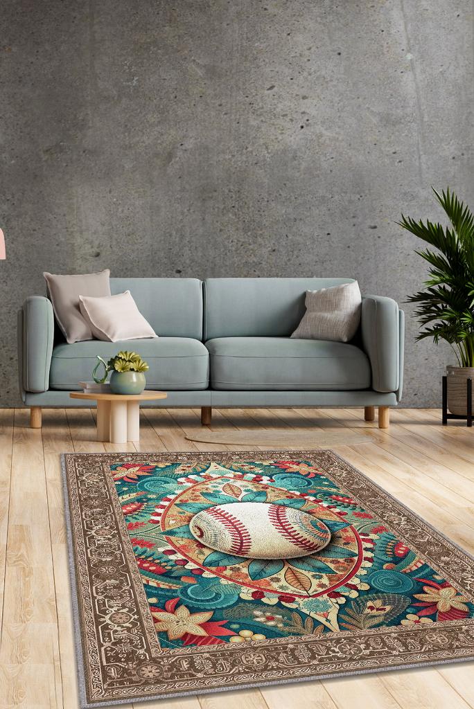 Homshtag Basebol Desenli Halı Çok Renkli Halı Spor Severe Hediye Halı Spor Sever İçin Çiçekli Halı