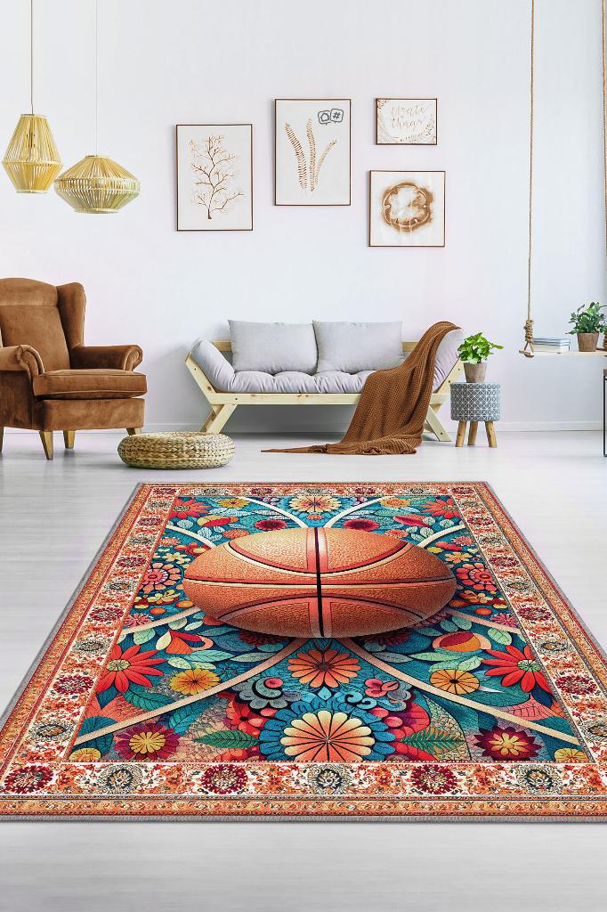 Homshtag Basketbol Topu Desenli Halı Çok Renkli Halı Spor Severe Hediye Halı Spor Sever İçin Çiçekli Halı