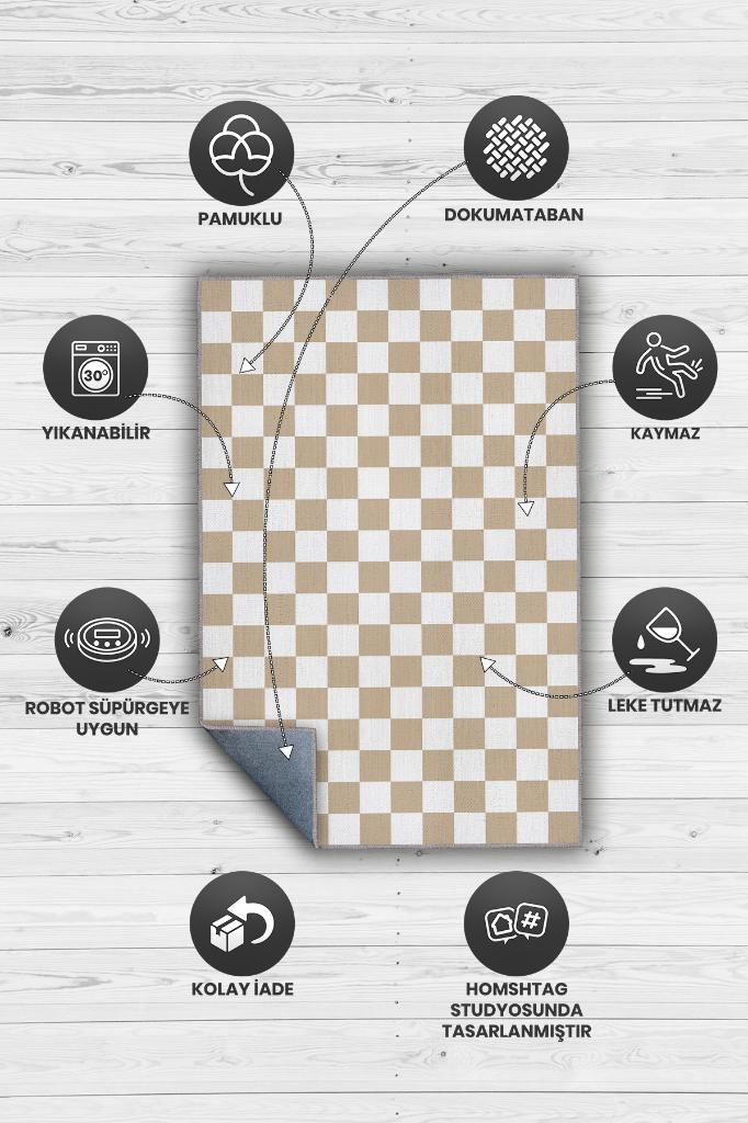 Homshtag Bej Beyaz Damalı Halı Mutfak Halısı Kareli Oturma Odası Halısı Retro Tarzı Salon Halısı