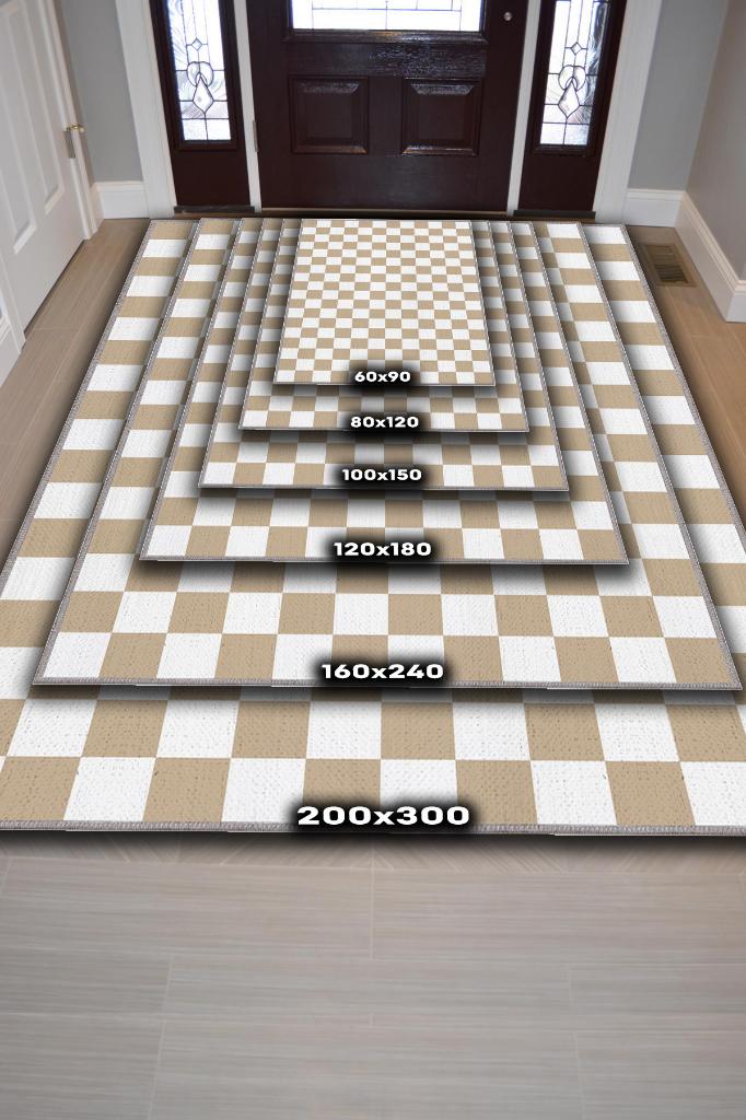 Homshtag Bej Beyaz Damalı Halı Mutfak Halısı Kareli Oturma Odası Halısı Retro Tarzı Salon Halısı