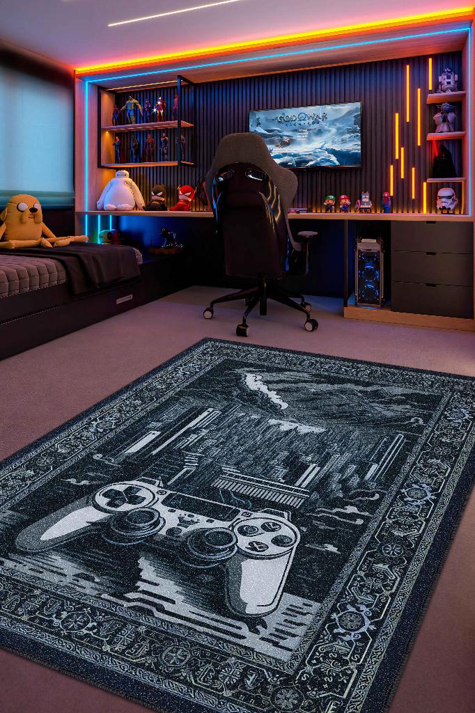 Homshtag Benzersiz Gamer Halı,Lacivert Oyuncu Odası Halısı,Modern Vintage Oyun Konsolu Oyuncu Halısı