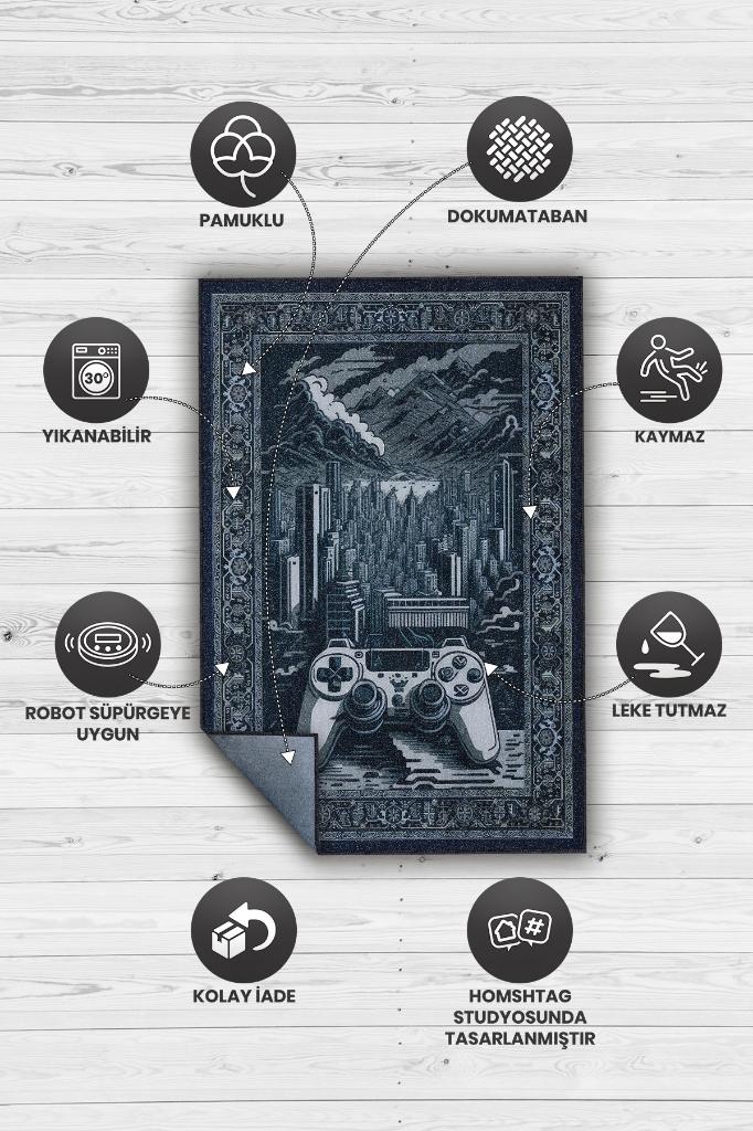 Homshtag Benzersiz Gamer Halı,Lacivert Oyuncu Odası Halısı,Modern Vintage Oyun Konsolu Oyuncu Halısı