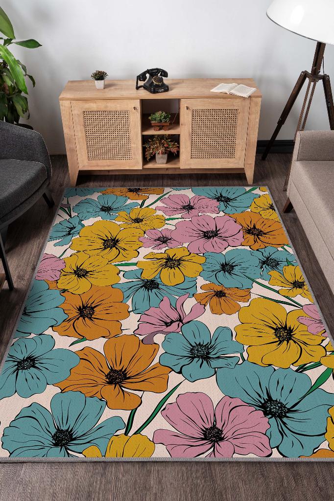 Homshtag Bir Kez Yaşıyorsun Çiçek Desenli Salon Halısı Bej Renkli Oturma Odası Halısı Dekoratif Halı