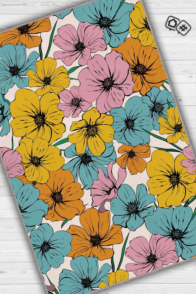 Homshtag Bir Kez Yaşıyorsun Çiçek Desenli Salon Halısı Bej Renkli Oturma Odası Halısı Dekoratif Halı