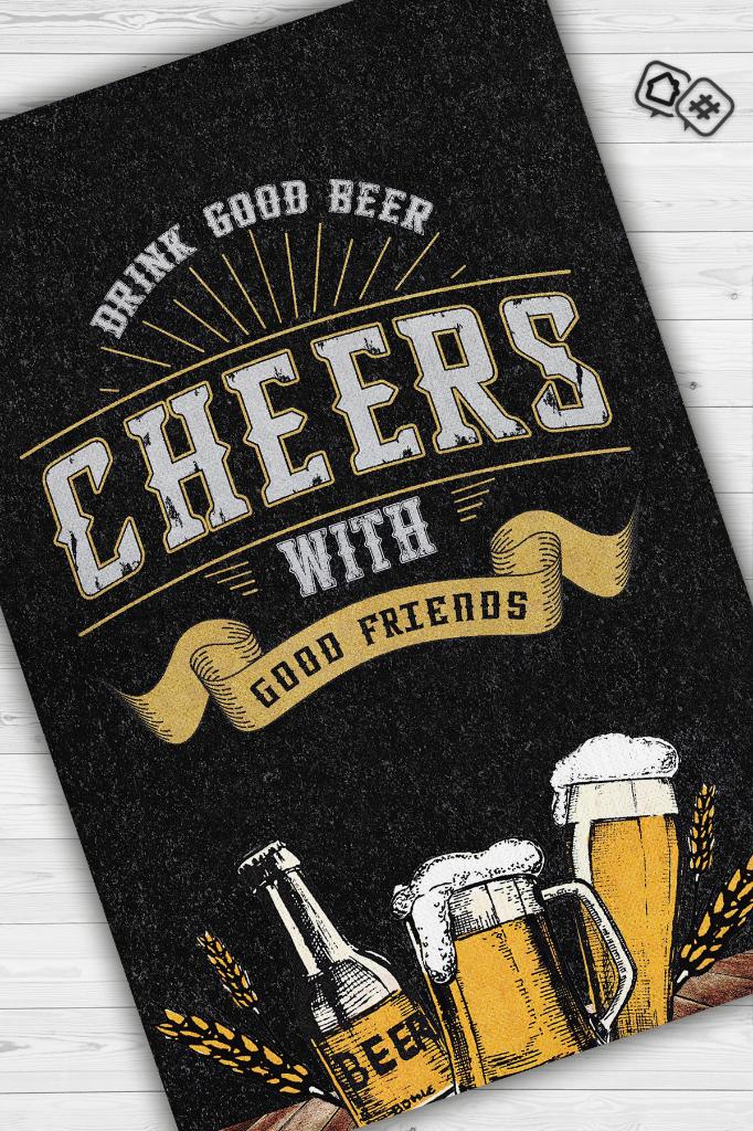 Homshtag Bira Temalı Orijinal Tasarımlı Party Ve Mutfak Halısı Siyah Dekoratif Dijital Baskı Halı