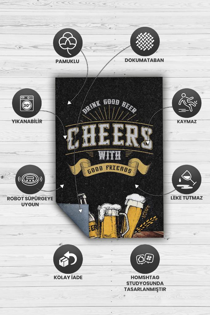 Homshtag Bira Temalı Orijinal Tasarımlı Party Ve Mutfak Halısı Siyah Dekoratif Dijital Baskı Halı