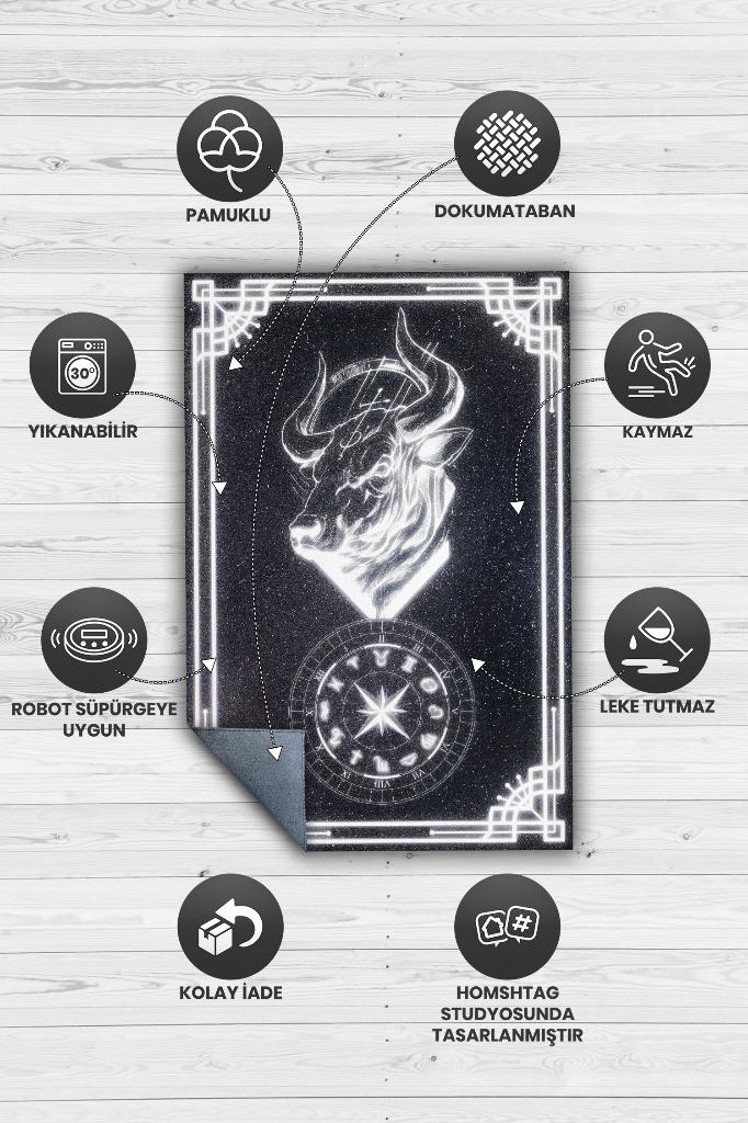 Homshtag Boğa Burcu Astroloji Temalı Halı Burç Halısı Boğa Burcuna Hediyelik Halı Siyah Renkli Halı
