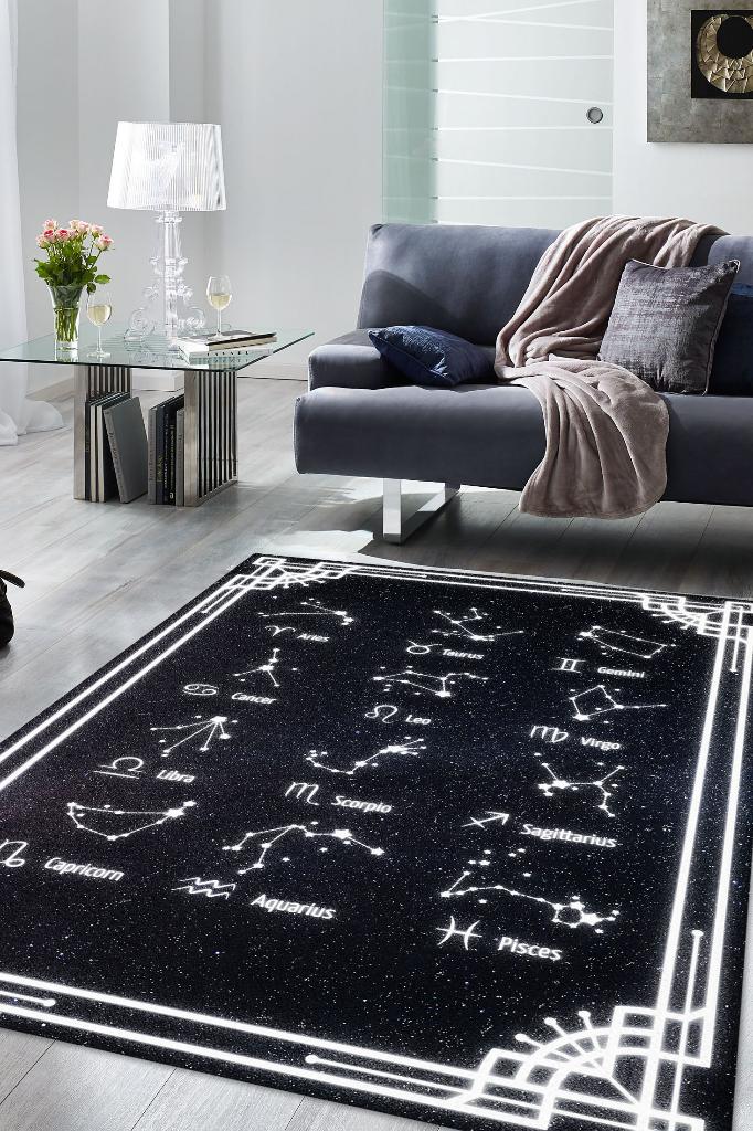 Homshtag Burçular ve Astroloji Temalı Halı Burç Halısı Burç Temalı Hediyelik Halı Siyah Renk Halı