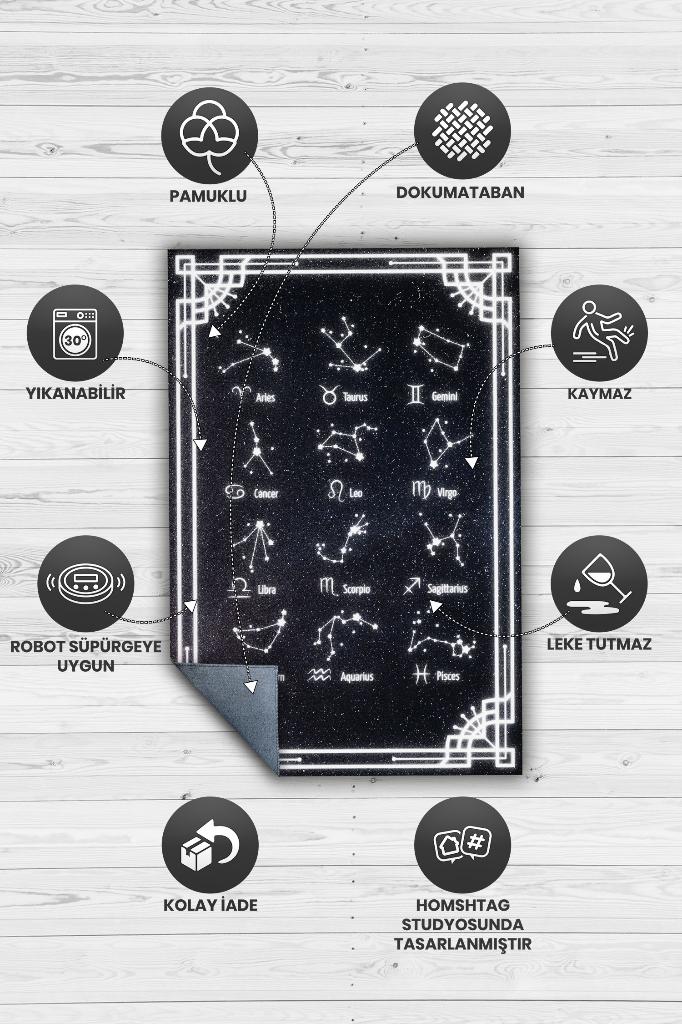 Homshtag Burçular ve Astroloji Temalı Halı Burç Halısı Burç Temalı Hediyelik Halı Siyah Renk Halı