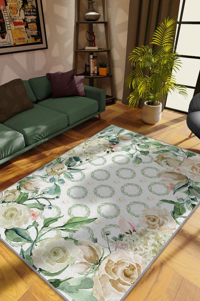 Homshtag Büyük Hayaller Çiçek Desenli Salon Halısı Yeşil Renkli Oturma Odası Halısı Dekoratif Halı