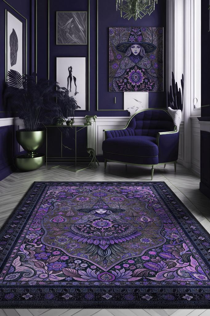 Homshtag Cadı Figürlü Korku Temalı Salon Halısı Gotik Mor Renkli Oturma Odası Halı Konsept Halı