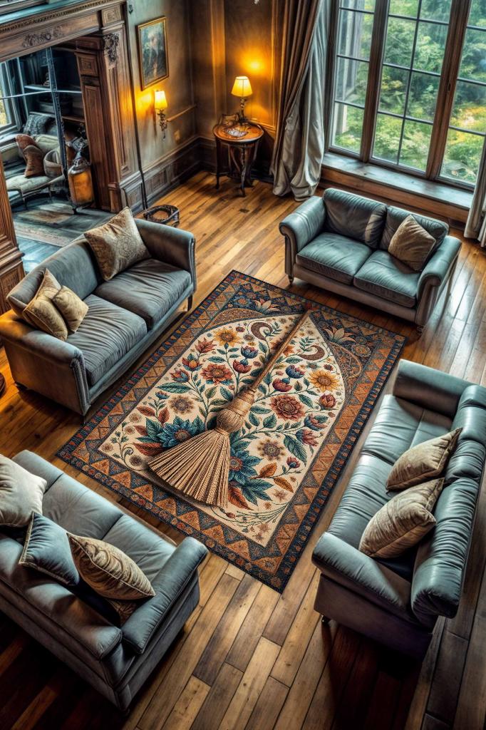 Homshtag Cadı Süpürgesi Korku Temalı Halı Çiçekli Renkli Oturma Odası Halısı Cadı Süpürgesi Halısı