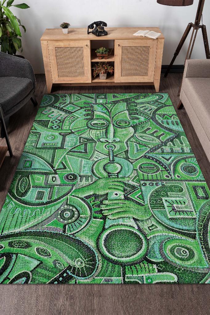 Homshtag Çalgıcı Minimal Salon Halısı Etnik Desenli Halı Yeşil Renkli Geometrik Oturma Odası Halısı