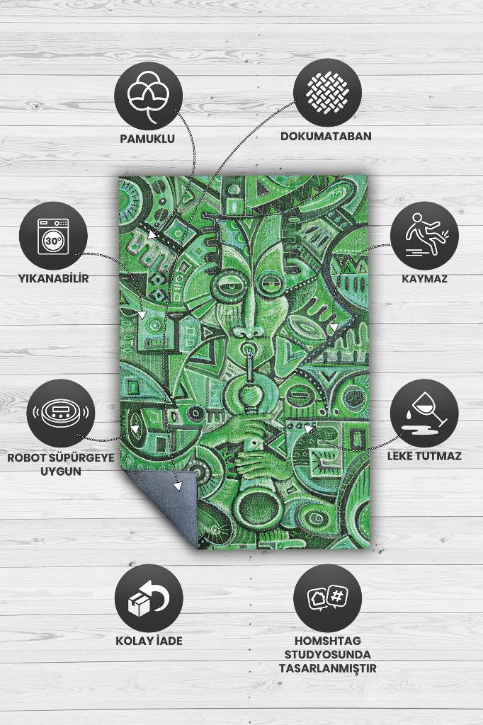 Homshtag Çalgıcı Minimal Salon Halısı Etnik Desenli Halı Yeşil Renkli Geometrik Oturma Odası Halısı