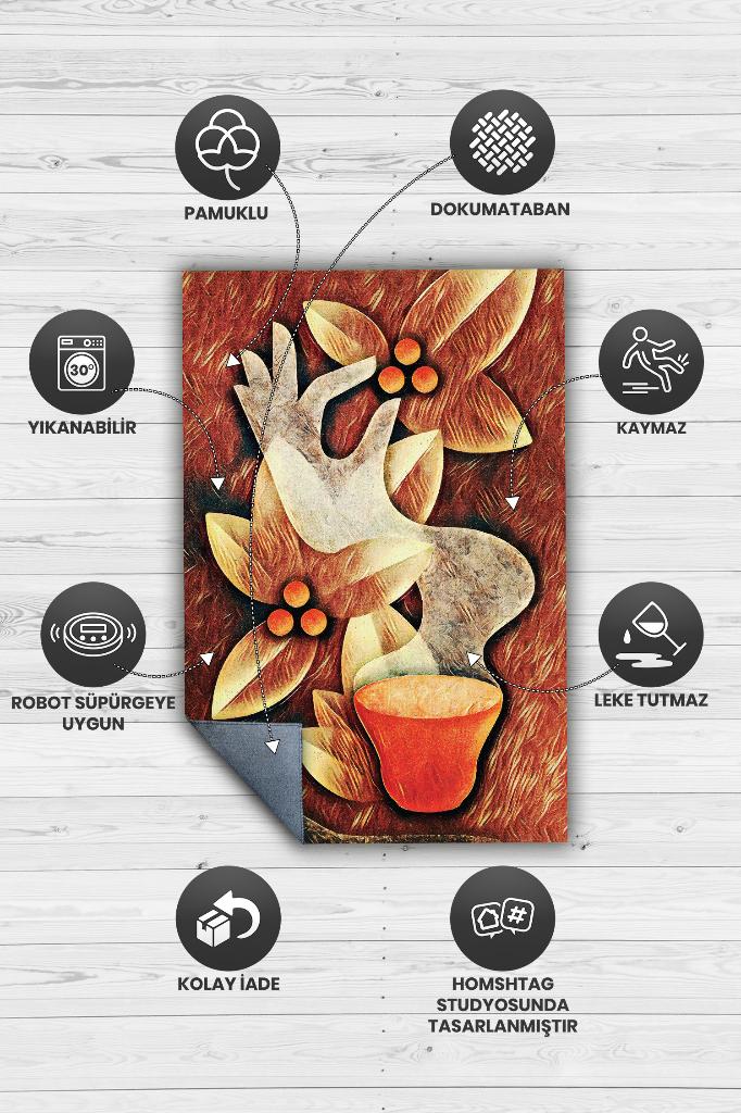 Homshtag Çekirdekten Fincana Sıcak Renkli Halı Desenli Mutfak Halısı Kahve Figürlü Geometrik Halı