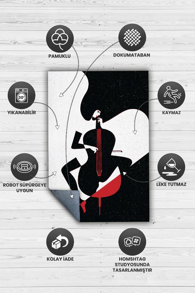 Homshtag Çello Çalan Kadın Siyah Beyaz Halı Geometrik Müzik Sever Halısı Müzisyene Hediye Halı