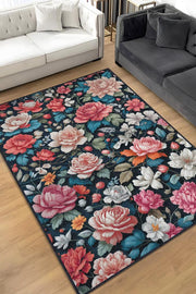 Homshtag Çiçek Vadisi Koyu Renk Halı Çiçekli Salon Halısı Modern Oturma Odası Halısı Şık Siyah Halı