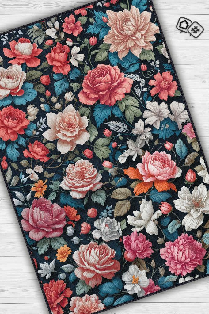 Homshtag Çiçek Vadisi Koyu Renk Halı Çiçekli Salon Halısı Modern Oturma Odası Halısı Şık Siyah Halı
