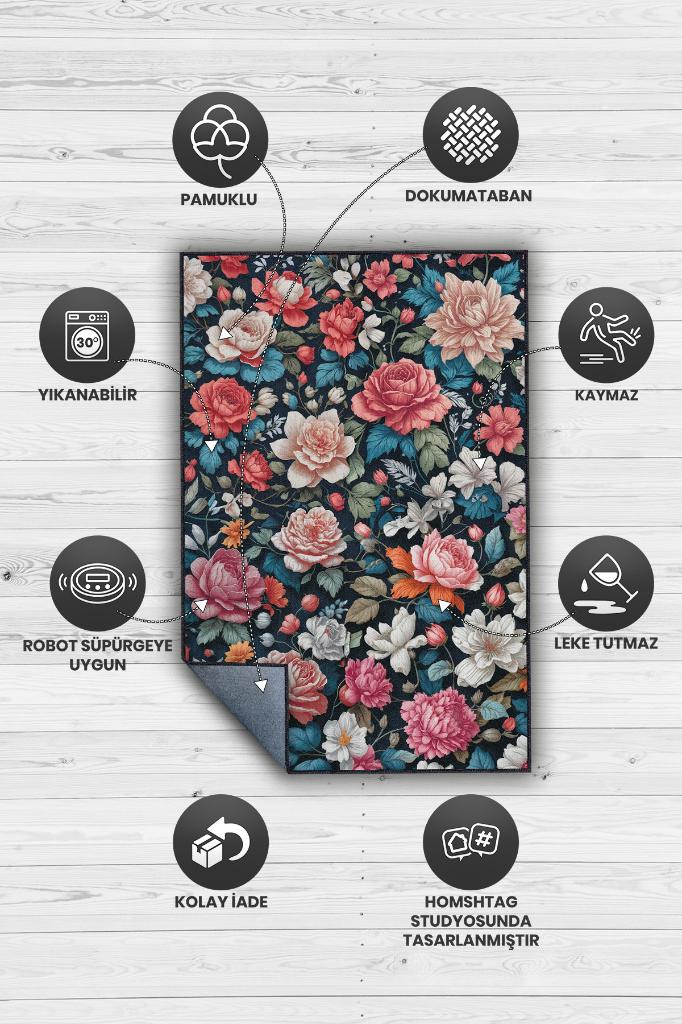 Homshtag Çiçek Vadisi Koyu Renk Halı Çiçekli Salon Halısı Modern Oturma Odası Halısı Şık Siyah Halı