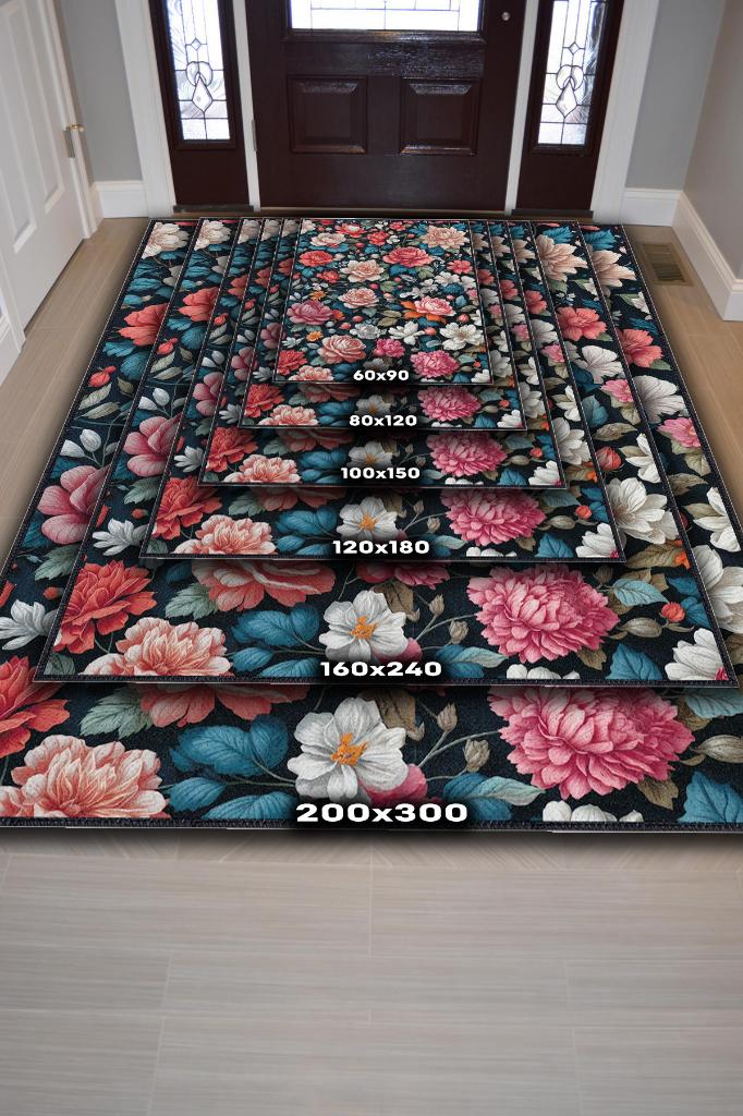 Homshtag Çiçek Vadisi Koyu Renk Halı Çiçekli Salon Halısı Modern Oturma Odası Halısı Şık Siyah Halı