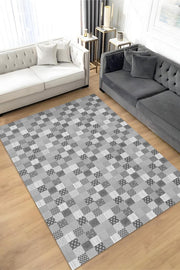 Homshtag Çiçekli Patchwork Halı Geometrik Halı Gri Kareli Oturma Odası Halısı Çiçekli Salon Halı