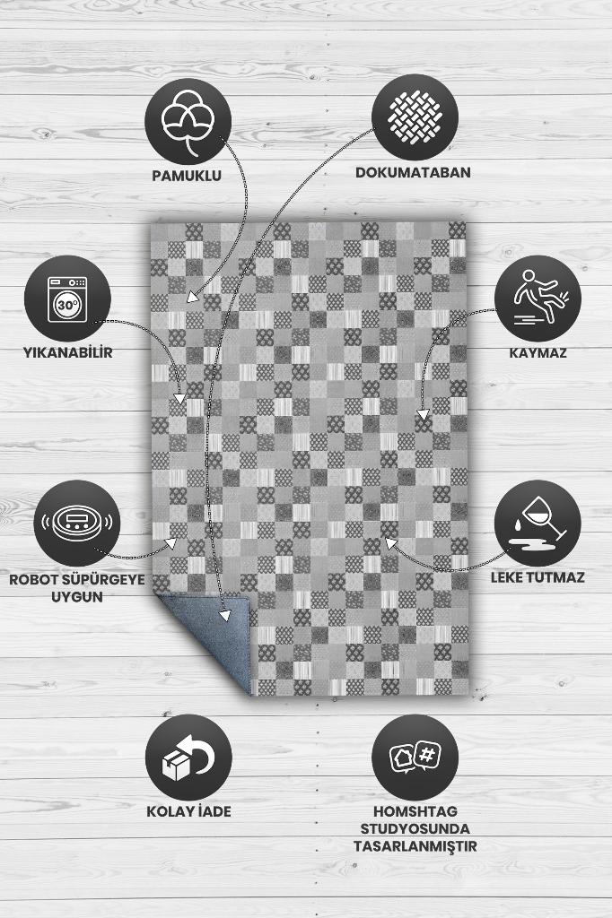 Homshtag Çiçekli Patchwork Halı Geometrik Halı Gri Kareli Oturma Odası Halısı Çiçekli Salon Halı