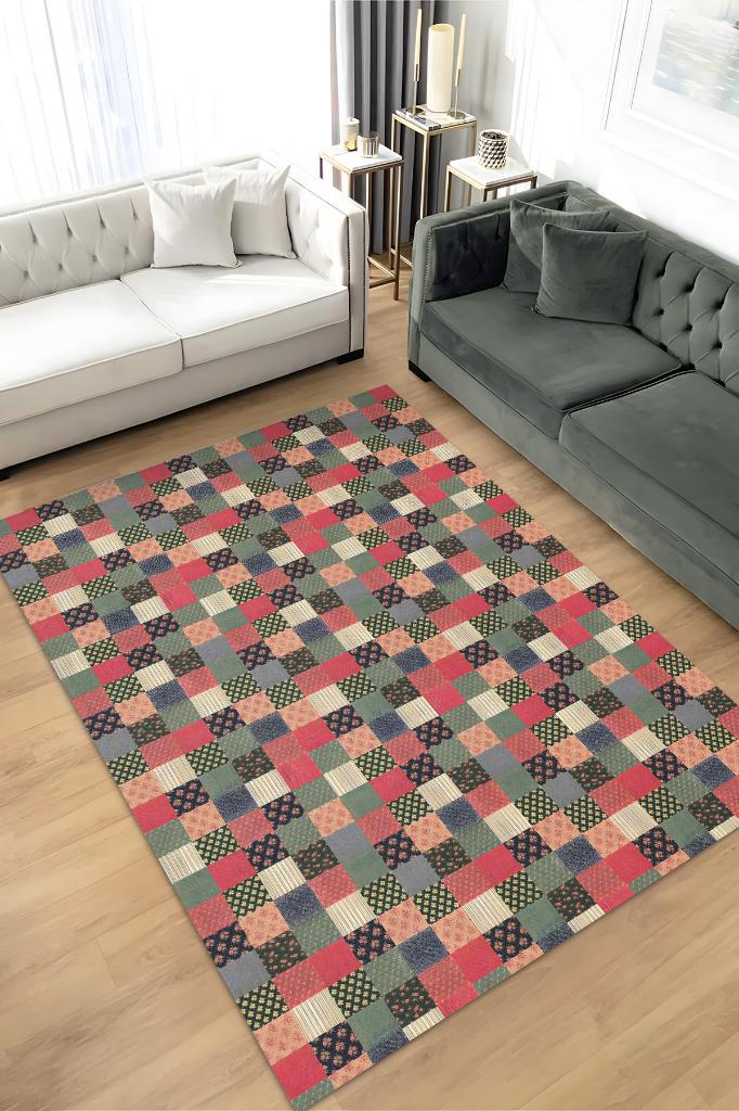 Homshtag Çiçekli Patchwork Halı Geometrik Halı Renkli Kareli Oturma Odası Halısı Çiçekli Salon Halı