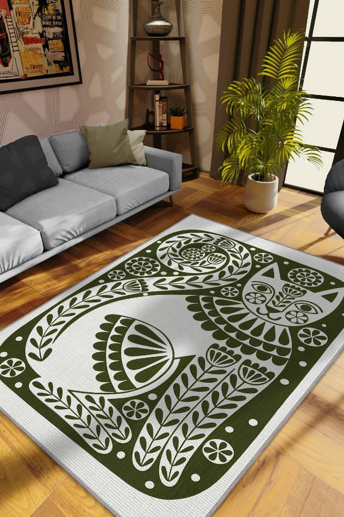 Homshtag Çinili Kedi,Yeşil Renkli Kedi Desenli Modern,Dokuma Taban Yıkanabilir Bej Kedi Sever Halısı
