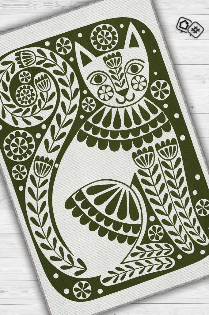 Homshtag Çinili Kedi,Yeşil Renkli Kedi Desenli Modern,Dokuma Taban Yıkanabilir Bej Kedi Sever Halısı