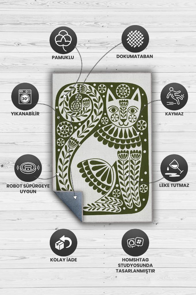 Homshtag Çinili Kedi,Yeşil Renkli Kedi Desenli Modern,Dokuma Taban Yıkanabilir Bej Kedi Sever Halısı