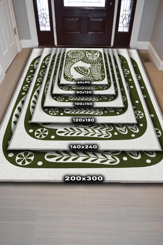 Homshtag Çinili Kedi,Yeşil Renkli Kedi Desenli Modern,Dokuma Taban Yıkanabilir Bej Kedi Sever Halısı