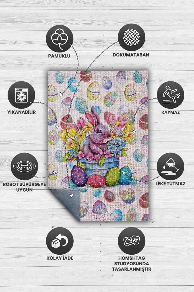 Homshtag Çocuk Odası Halısı Modern Çok Renkli Çocuk Halısı Yumurta Tavşan Figürlü Çocuk Halısı