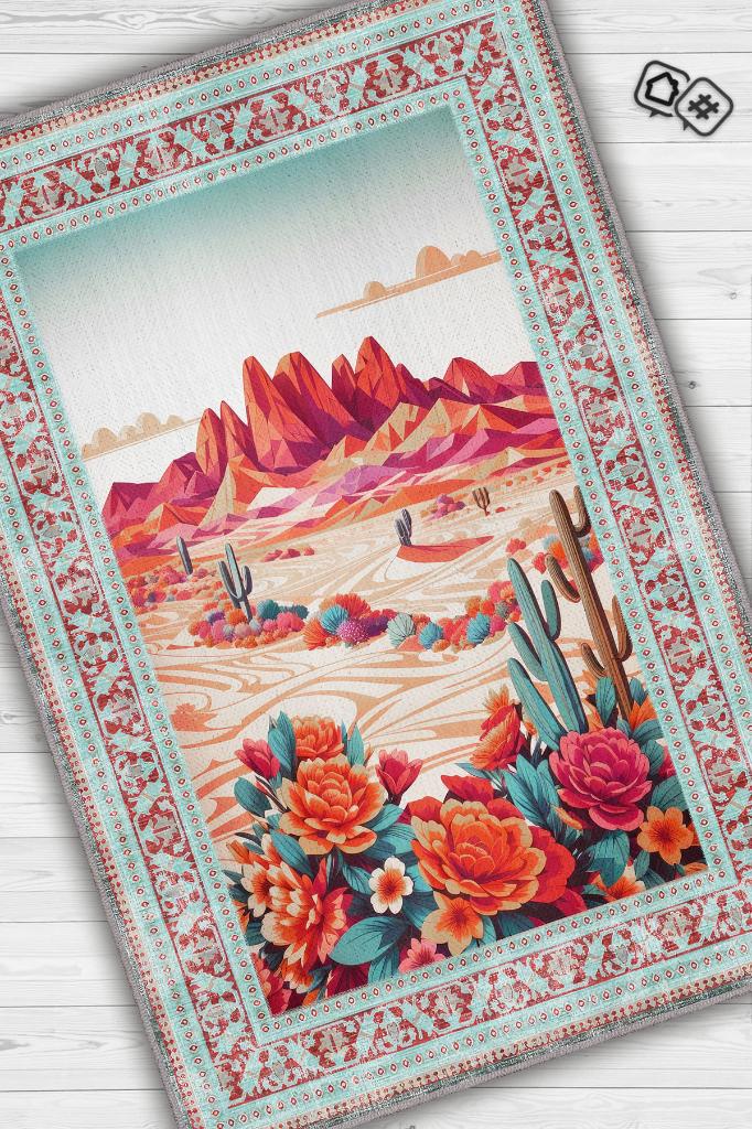 Homshtag Çöl Manzarası Temalı Salon Halısı Çiçek Desenli Çok Renkli Etnik Oturma Odası Halısı