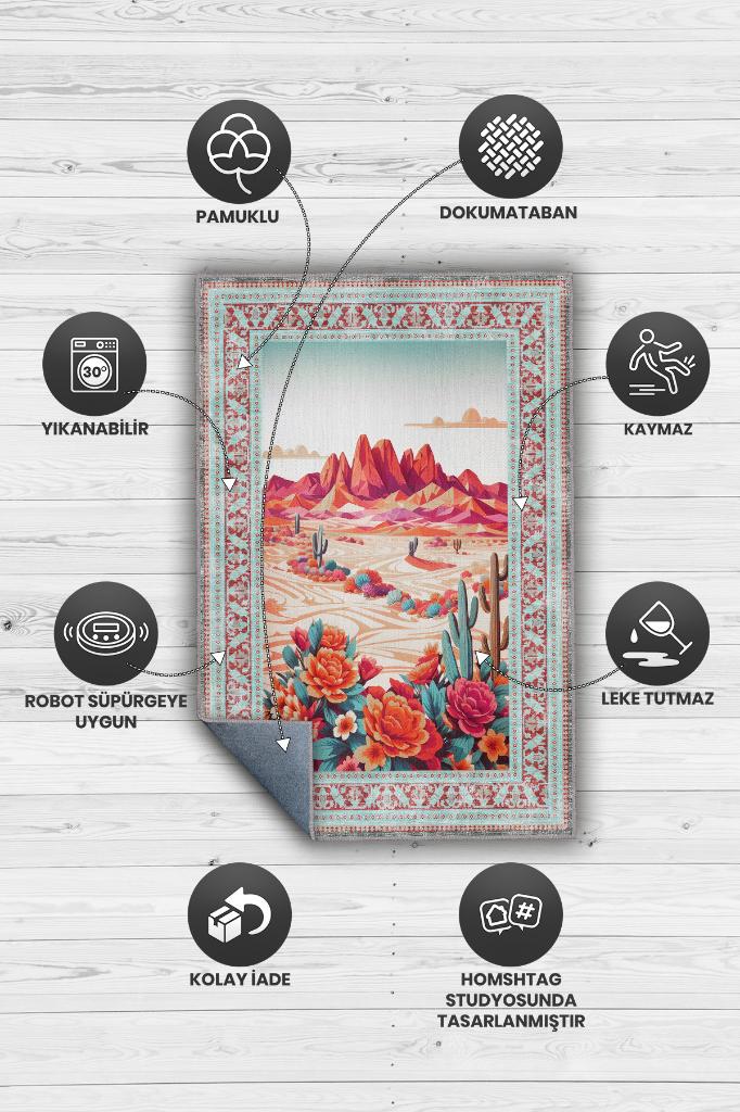 Homshtag Çöl Manzarası Temalı Salon Halısı Çiçek Desenli Çok Renkli Etnik Oturma Odası Halısı