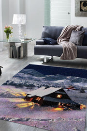 Homshtag Dağ Evi Mavi Renkli Halı Manzara Temalı Figürlü Salon Halısı Dijital Baskılı Tasarım Halı