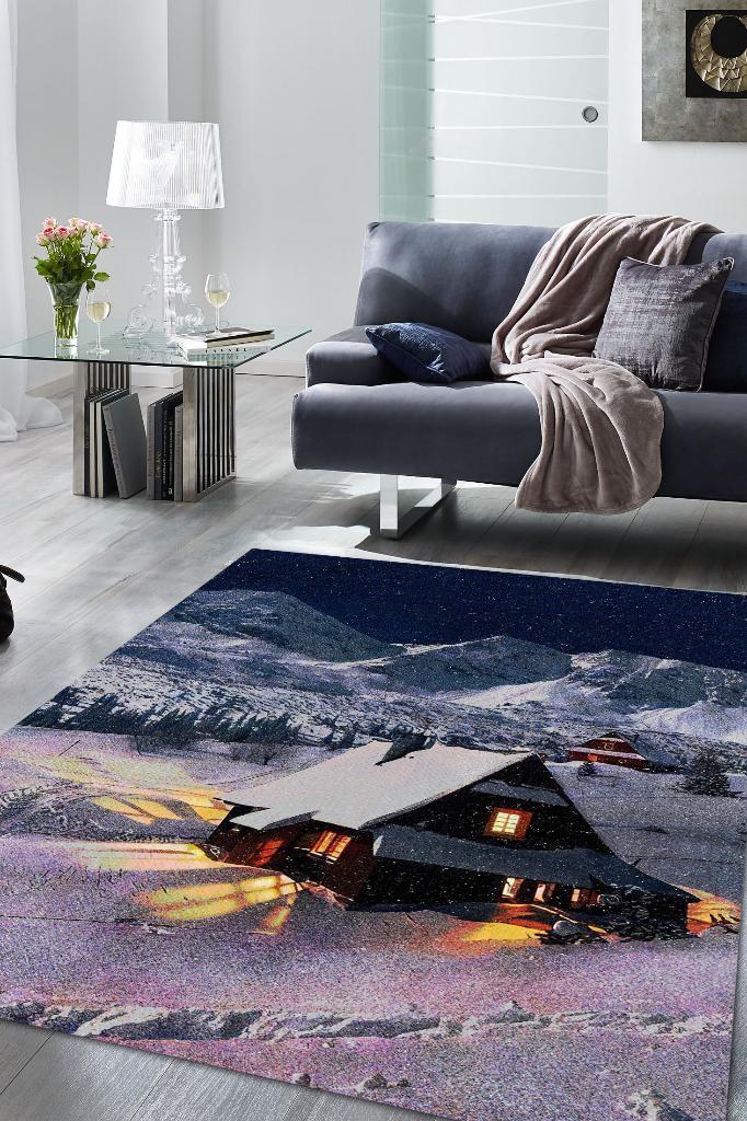 Homshtag Dağ Evi Mavi Renkli Halı Manzara Temalı Figürlü Salon Halısı Dijital Baskılı Tasarım Halı