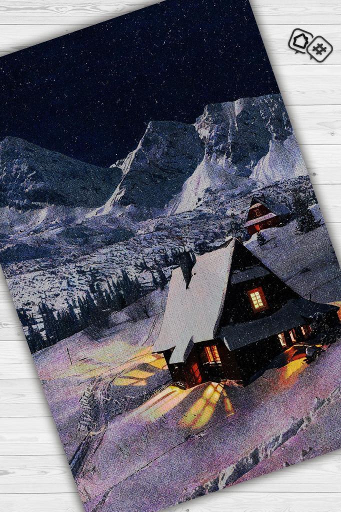 Homshtag Dağ Evi Mavi Renkli Halı Manzara Temalı Figürlü Salon Halısı Dijital Baskılı Tasarım Halı