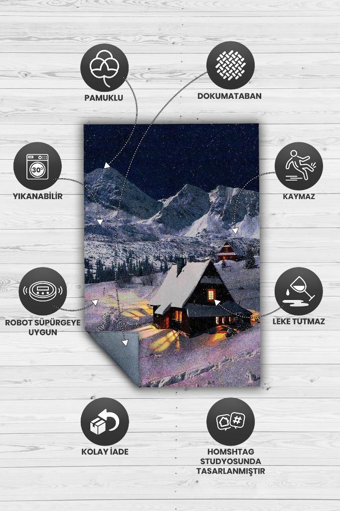 Homshtag Dağ Evi Mavi Renkli Halı Manzara Temalı Figürlü Salon Halısı Dijital Baskılı Tasarım Halı