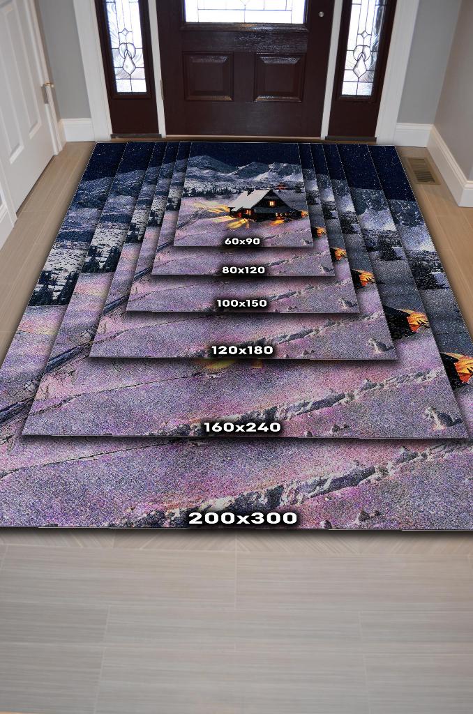 Homshtag Dağ Evi Mavi Renkli Halı Manzara Temalı Figürlü Salon Halısı Dijital Baskılı Tasarım Halı