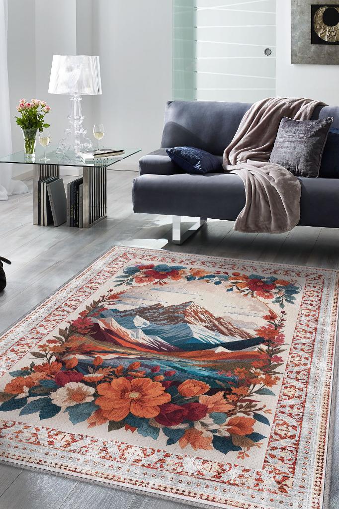 Homshtag Dağ Temalı Salon Halısı Geometrik Desenli Çok Renkli Halı Etnik Desenli Oturma Odası Halısı