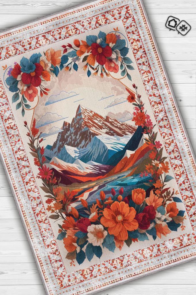 Homshtag Dağ Temalı Salon Halısı Geometrik Desenli Çok Renkli Halı Etnik Desenli Oturma Odası Halısı