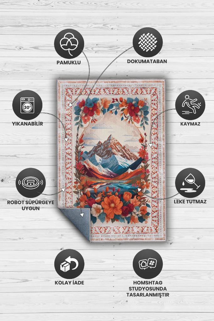 Homshtag Dağ Temalı Salon Halısı Geometrik Desenli Çok Renkli Halı Etnik Desenli Oturma Odası Halısı