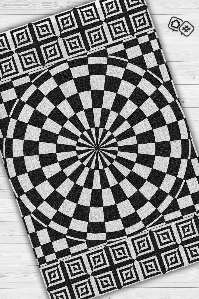 Homshtag Damalı İllüzyon Geometrik Desenli Halı Siyah Beyaz Oturma Odası Halısı Modern Salon Halısı