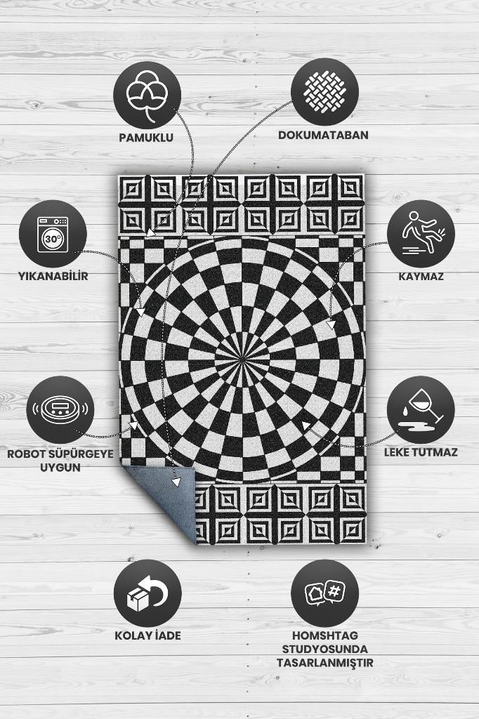 Homshtag Damalı İllüzyon Geometrik Desenli Halı Siyah Beyaz Oturma Odası Halısı Modern Salon Halısı