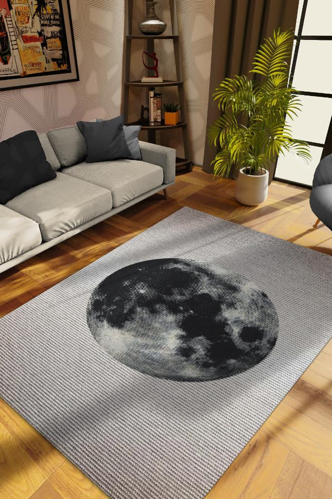 Homshtag Dolunay Gri Renkli Halı Dokulu Salon Halısı Minimal Genç Odası Halısı Gökyüzü Temalı Halı
