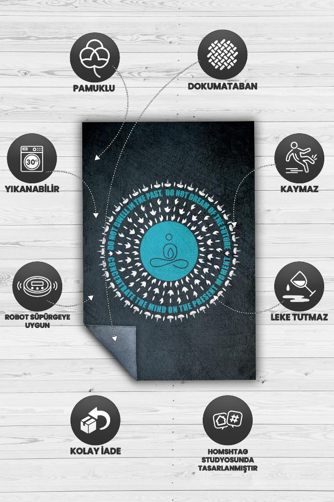 Homshtag Dün Bugün Yarın Koyu Renkli Halı ÖZel Tasarım Yıkanabilir Meditasyon Halısı Hediyelik Halı