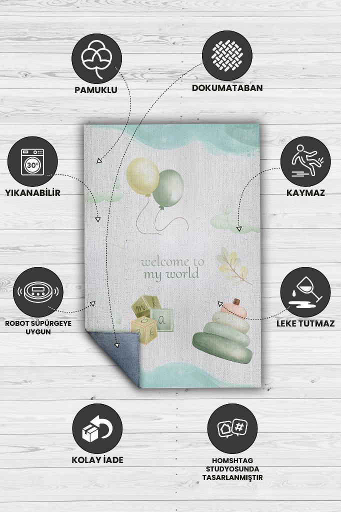 Homshtag Dünyama Hoşgeldin Pastel Renkli Çocuk Odası Halısı Dokuma Minimal Çocuk Halısı Temalı Halı
