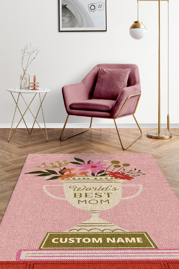 Homshtag Dünyanın En İyi Annesi Kişiye Özel Kişiselleştirilebilir Dokuma Tabanlı Yıkanabilir Dekoratif Ev Halısı