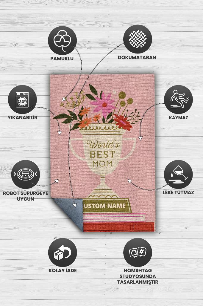 Homshtag Dünyanın En İyi Annesi Kişiye Özel Kişiselleştirilebilir Dokuma Tabanlı Yıkanabilir Dekoratif Ev Halısı