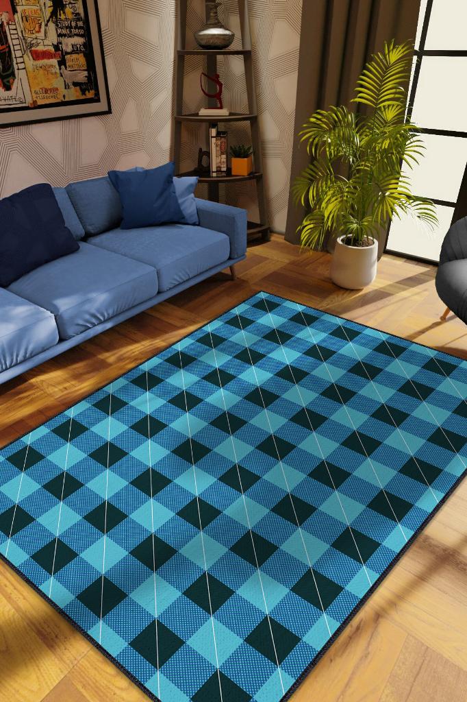 Homshtag Ekose Desenli Halı Mavi Siyah Renk Salon Halısı Tasarım Halı Hasır Görünümlü Ekose Halı